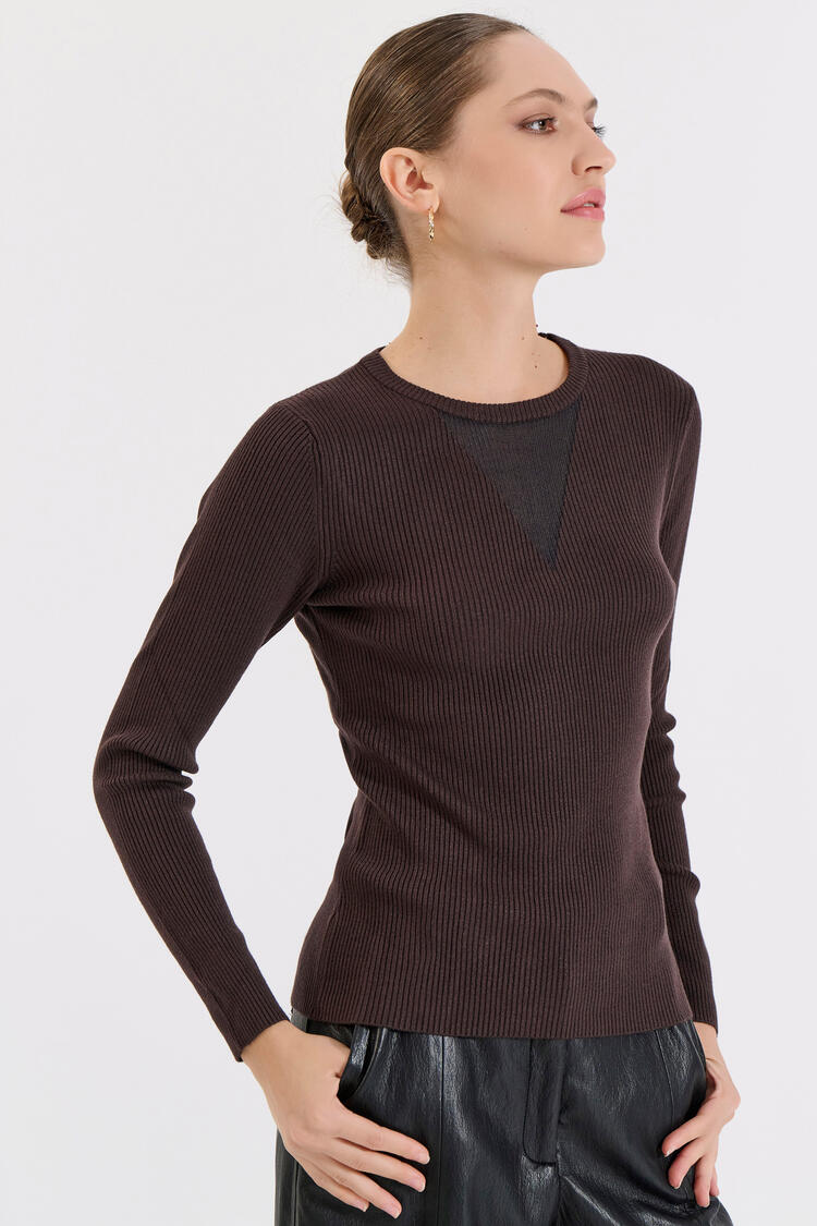 Knitted Blouse with Sheer Neckline Detail - Brown O/S