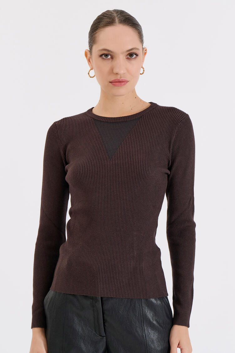 Knitted Blouse with Sheer Neckline Detail - Brown O/S
