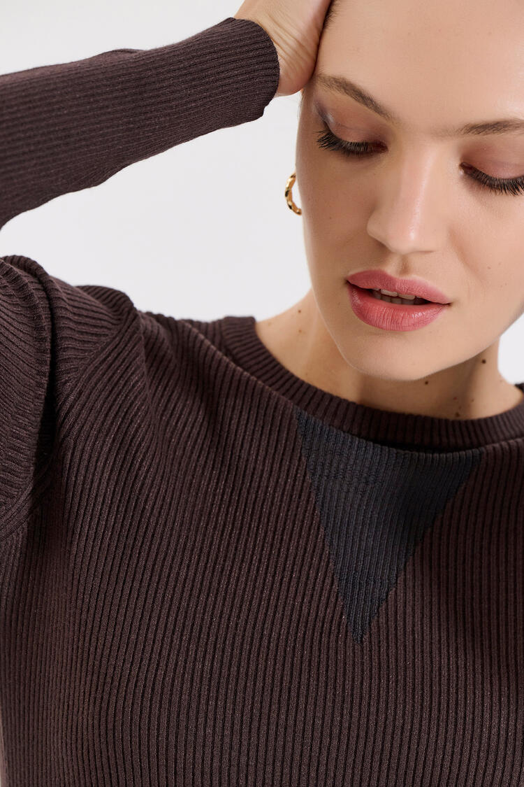 Knitted Blouse with Sheer Neckline Detail - Brown O/S