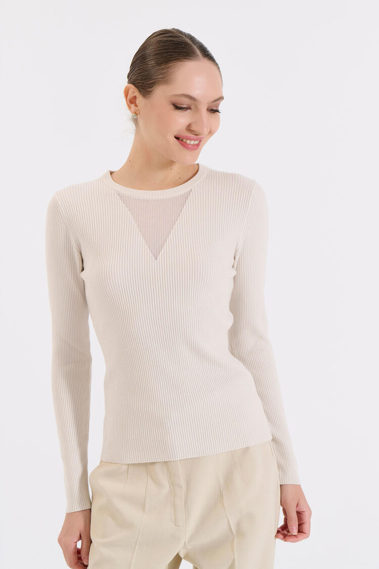 Knitted Blouse with Sheer Neckline Detail - Vanilla O/S