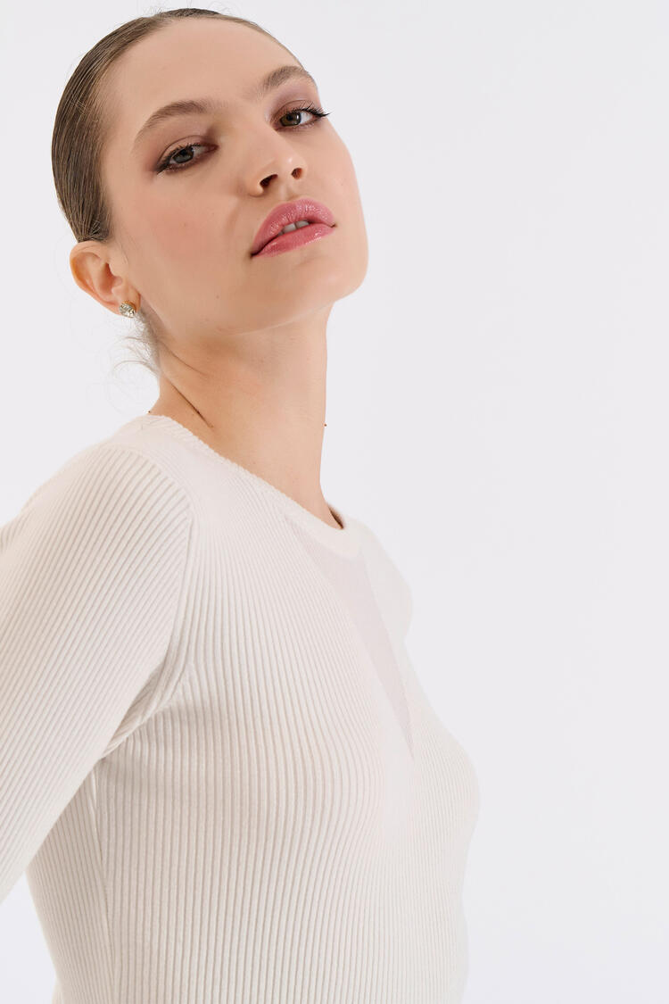 Knitted Blouse with Sheer Neckline Detail - Vanilla O/S