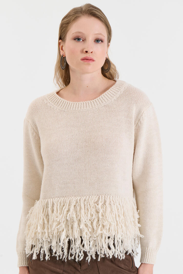 Knitted Sweater with Fringes - Vanilla O/S