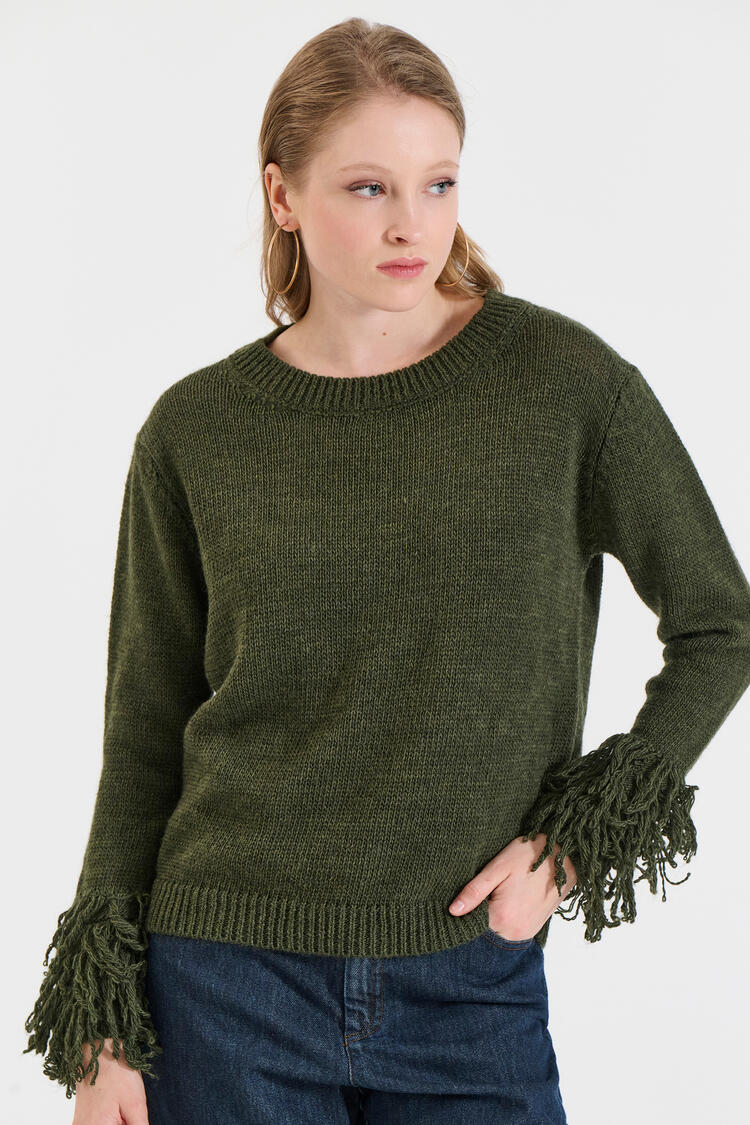 Knitted Sweater with Fringed Sleeves - Chaki O/S