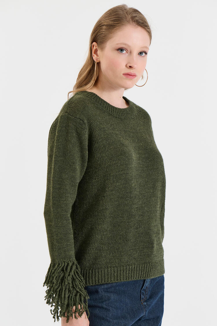 Knitted Sweater with Fringed Sleeves - Chaki O/S