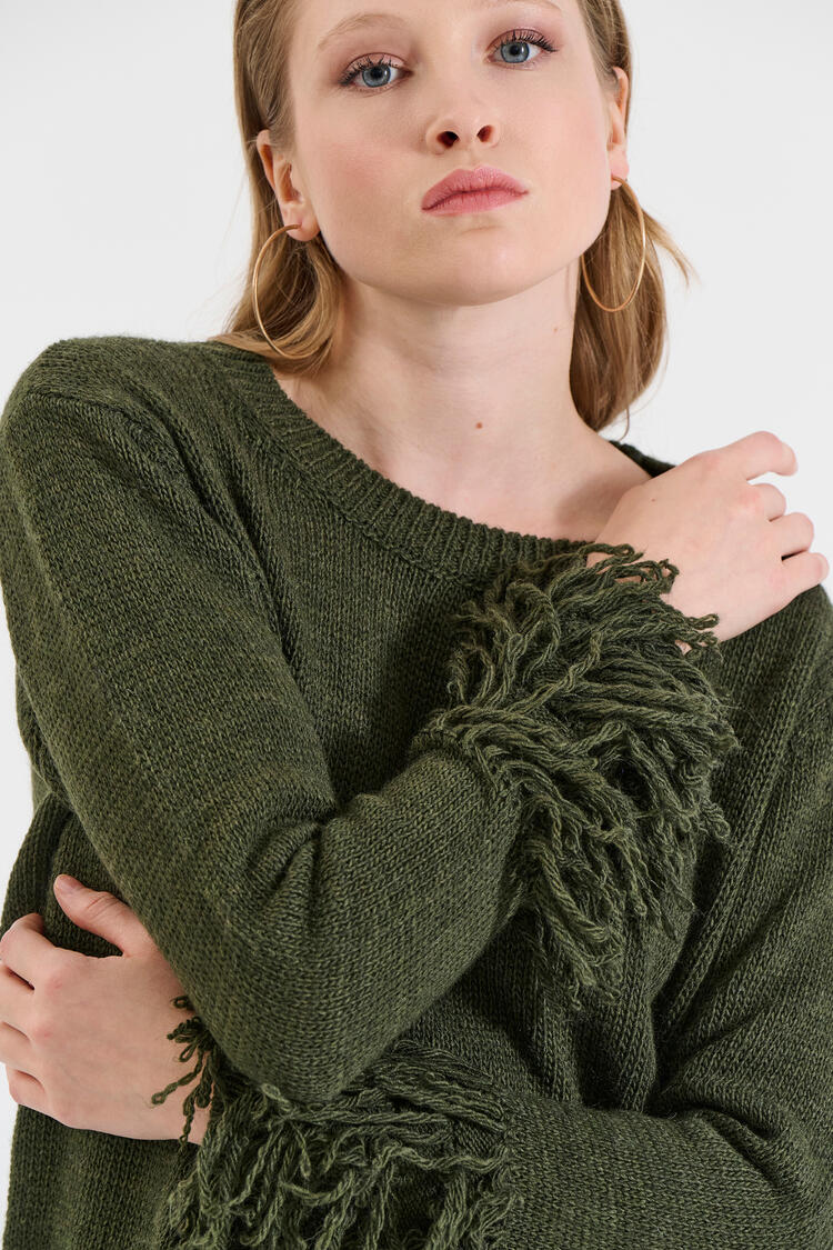 Knitted Sweater with Fringed Sleeves - Chaki O/S