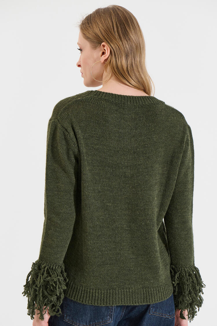 Knitted Sweater with Fringed Sleeves - Chaki O/S