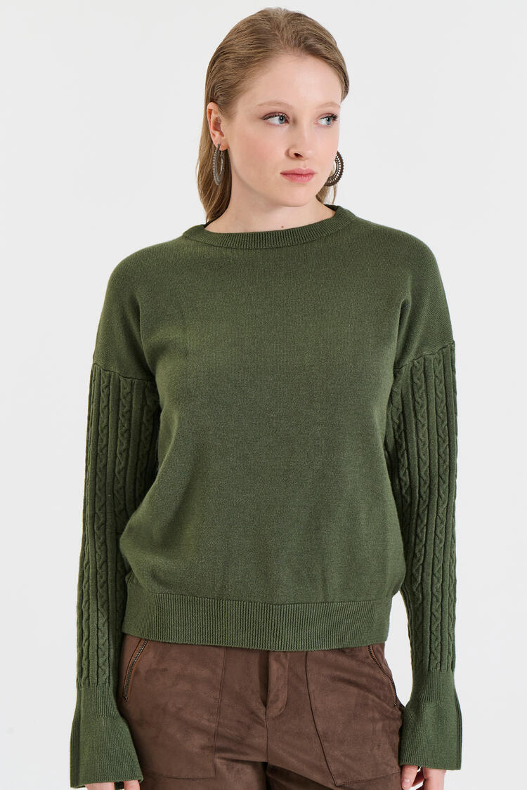 Knitted Sweater with Cable-Knit Sleeves - Chaki O/S