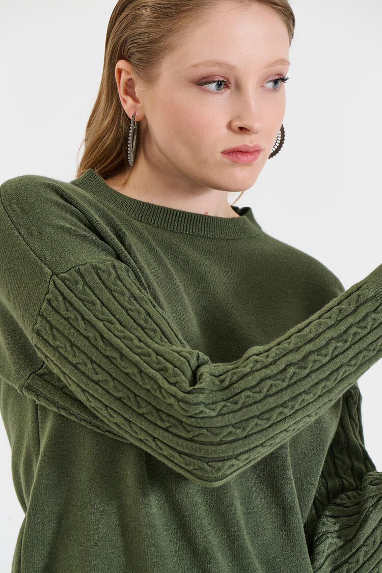 Knitted Sweater with Cable-Knit Sleeves - Chaki O/S