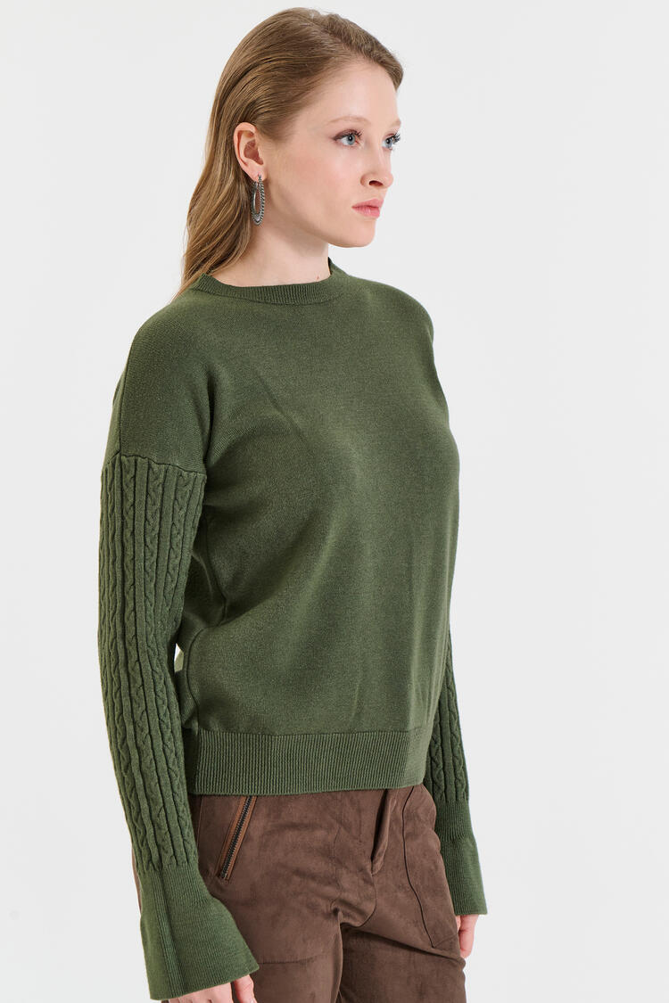 Knitted Sweater with Cable-Knit Sleeves - Chaki O/S