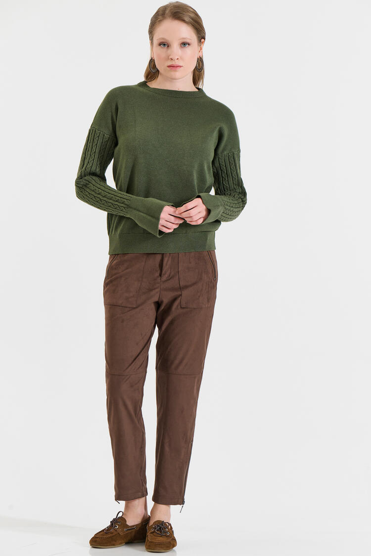 Knitted Sweater with Cable-Knit Sleeves - Chaki O/S