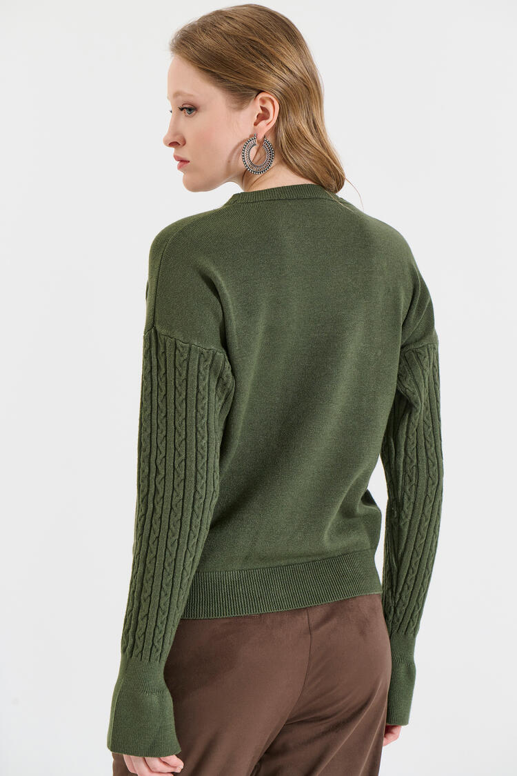Knitted Sweater with Cable-Knit Sleeves - Chaki O/S