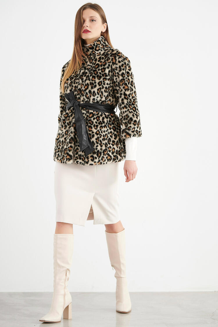 Animal print cardigan with belt - Beige S