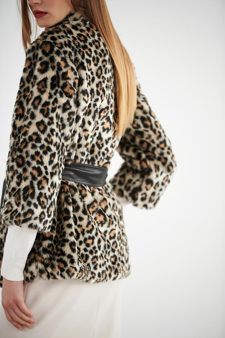 Animal print cardigan with belt - Beige S
