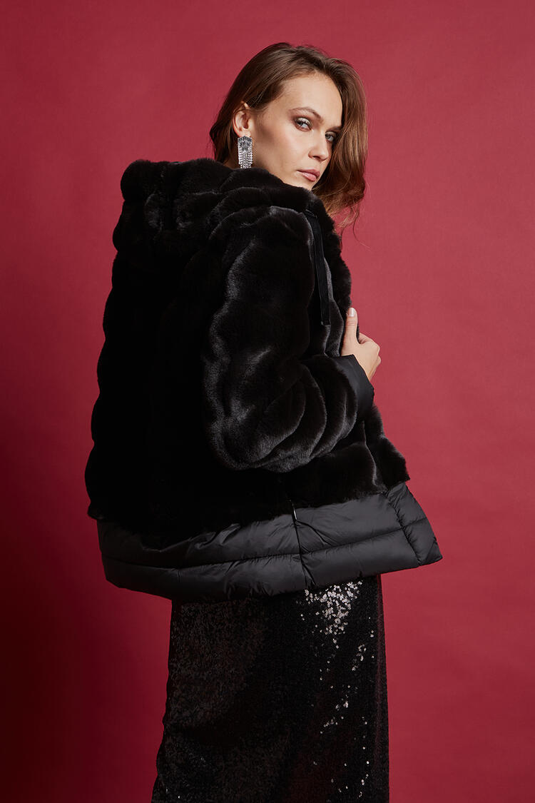 Puffer jacket with ecological fur - Black L