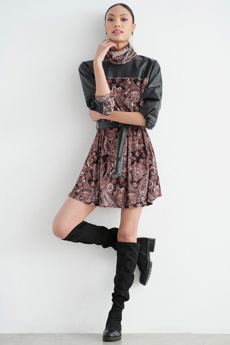 Printed dress with velvet texture - Black S