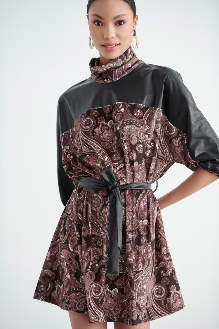Printed dress with velvet texture - Black S