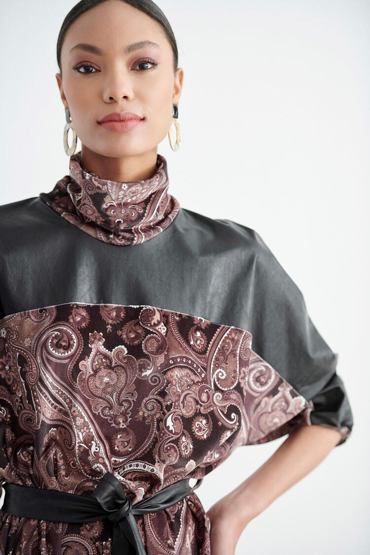 Printed dress with velvet texture - Black S