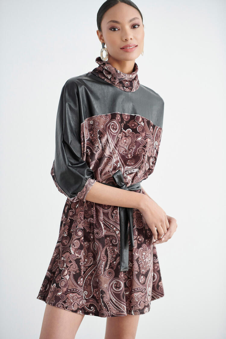 Printed dress with velvet texture - Black S