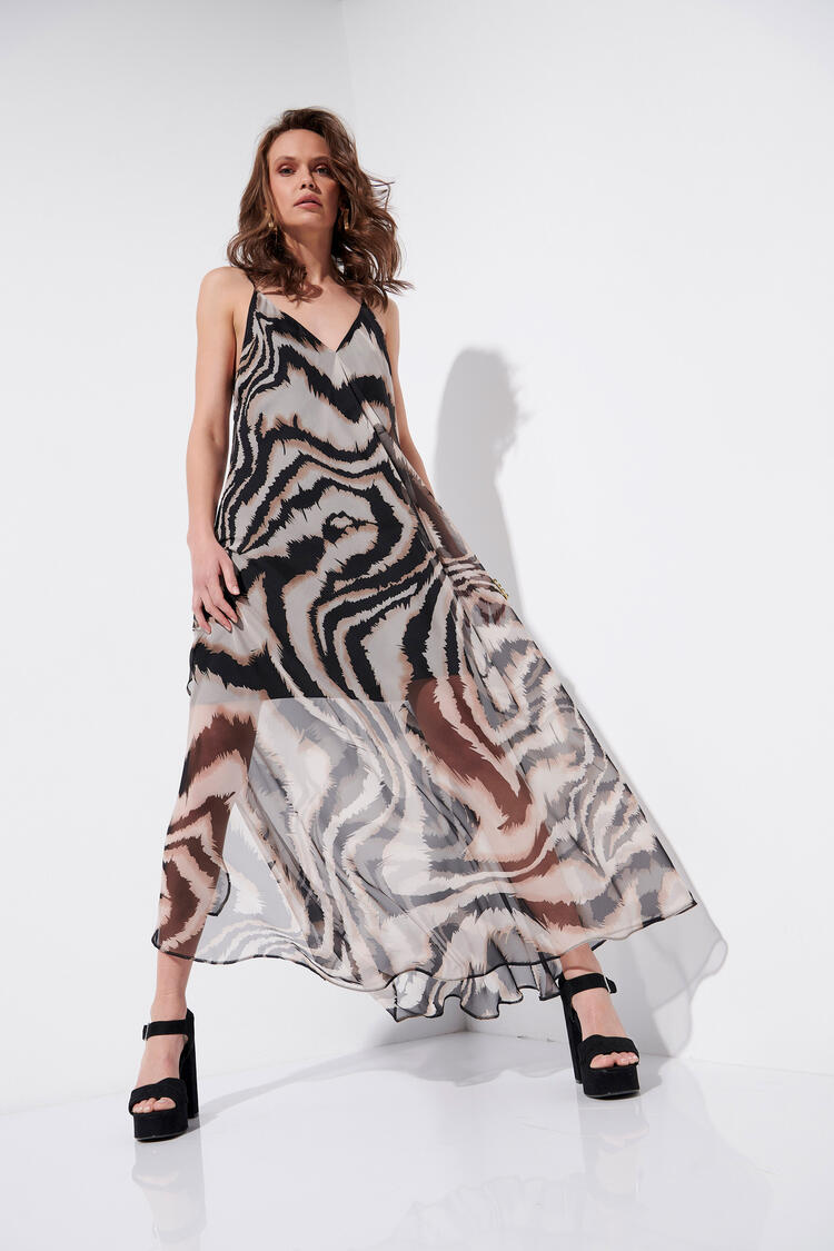 Printed dress with V cut - Beige S