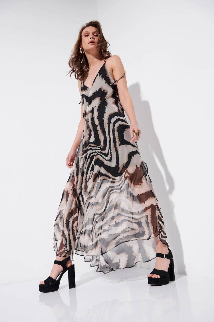 Printed dress with V cut - Beige S