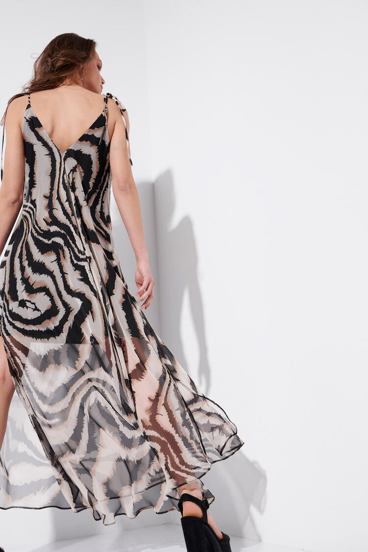 Printed dress with V cut - Beige S