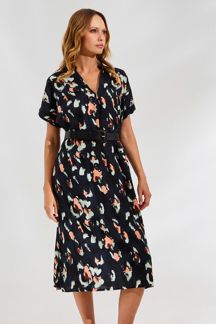 Printed dress with belt - Black S/M