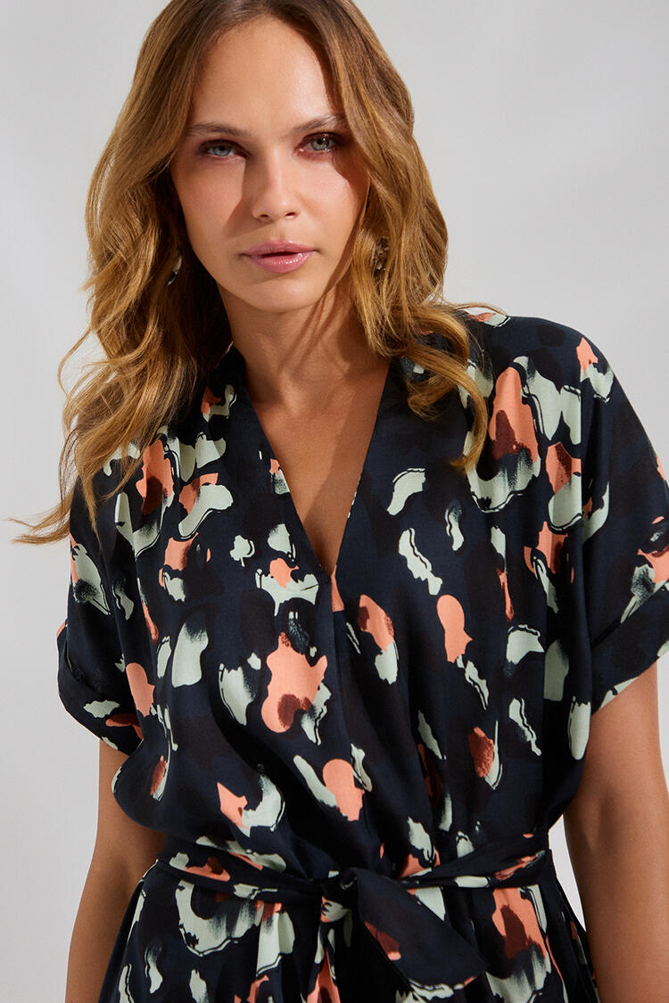 Printed dress with belt - Black S/M