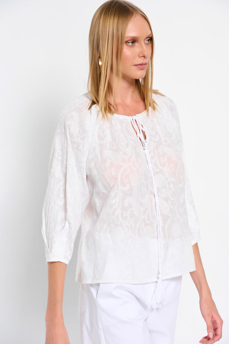 Cotton blouse with embossed design - WHITE M