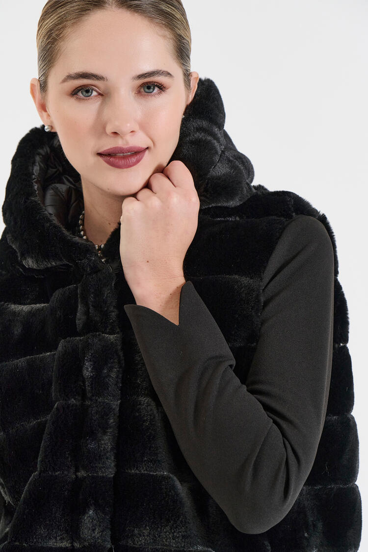 Reversible Faux Fur Hooded Vest - Black S