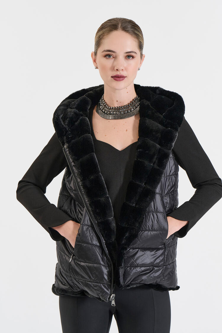 Reversible Faux Fur Hooded Vest - Black S
