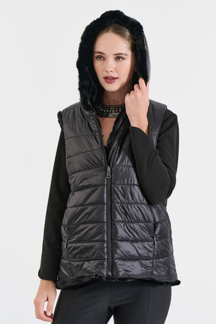 Reversible Faux Fur Hooded Vest - Black S