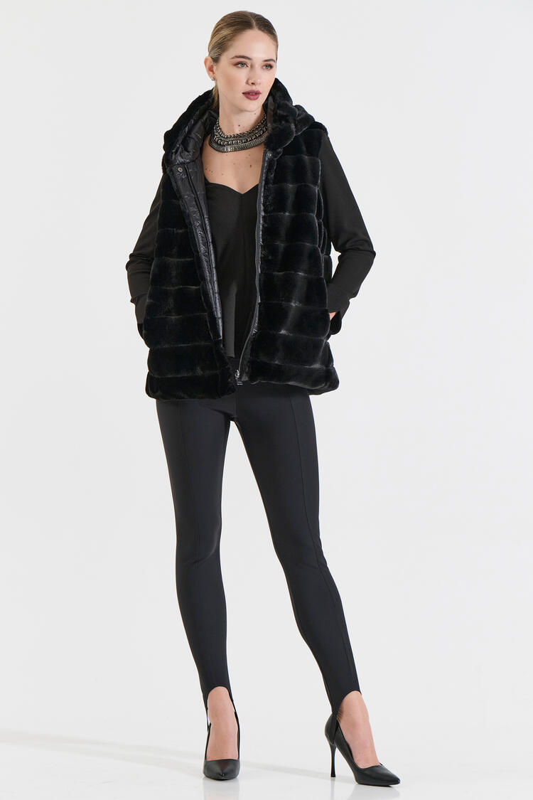 Reversible Faux Fur Hooded Vest - Black S