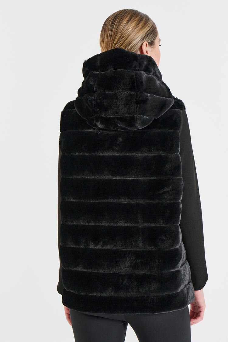 Reversible Faux Fur Hooded Vest - Black S