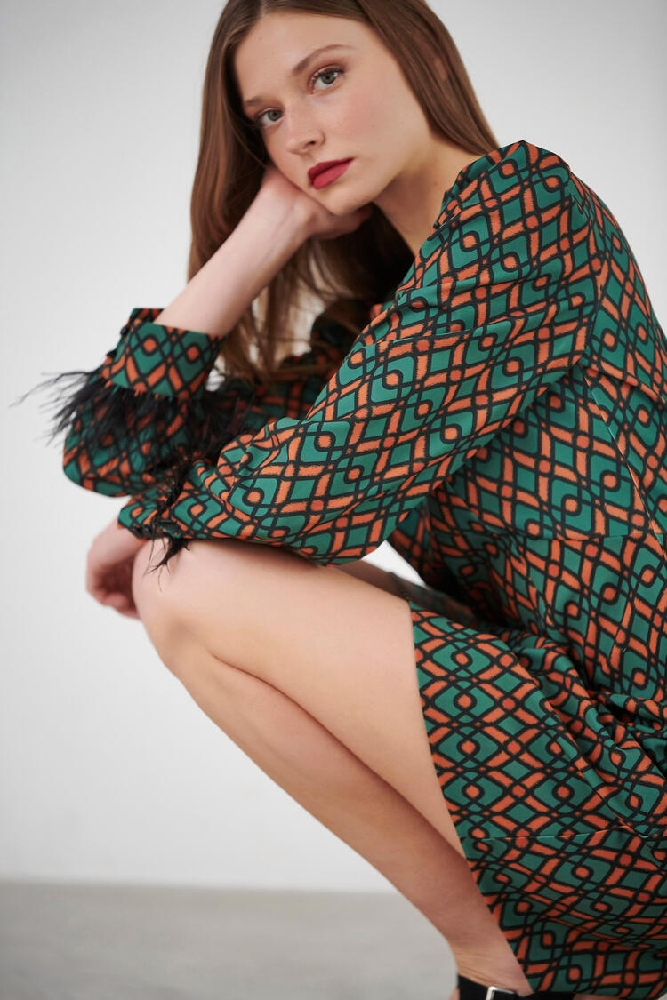 Printed dress with feathers - GREEN S