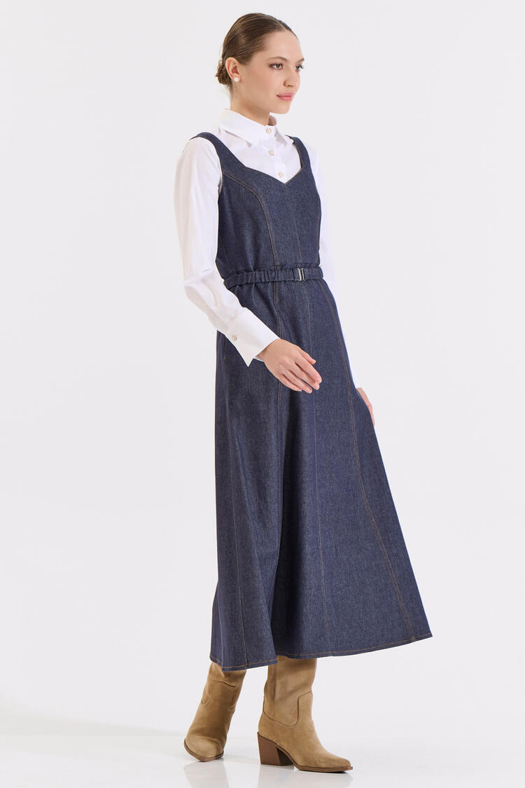 Denim cotton dress with belt - Blue S