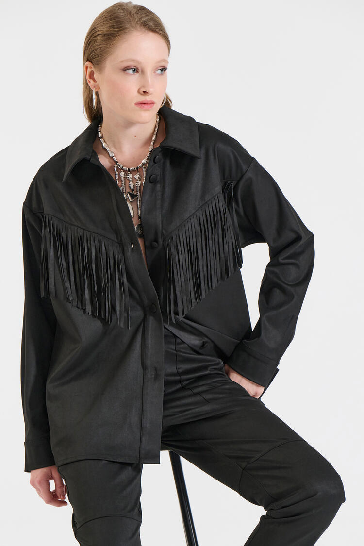 Suede-Feel Shirt with Fringes - Black S/M