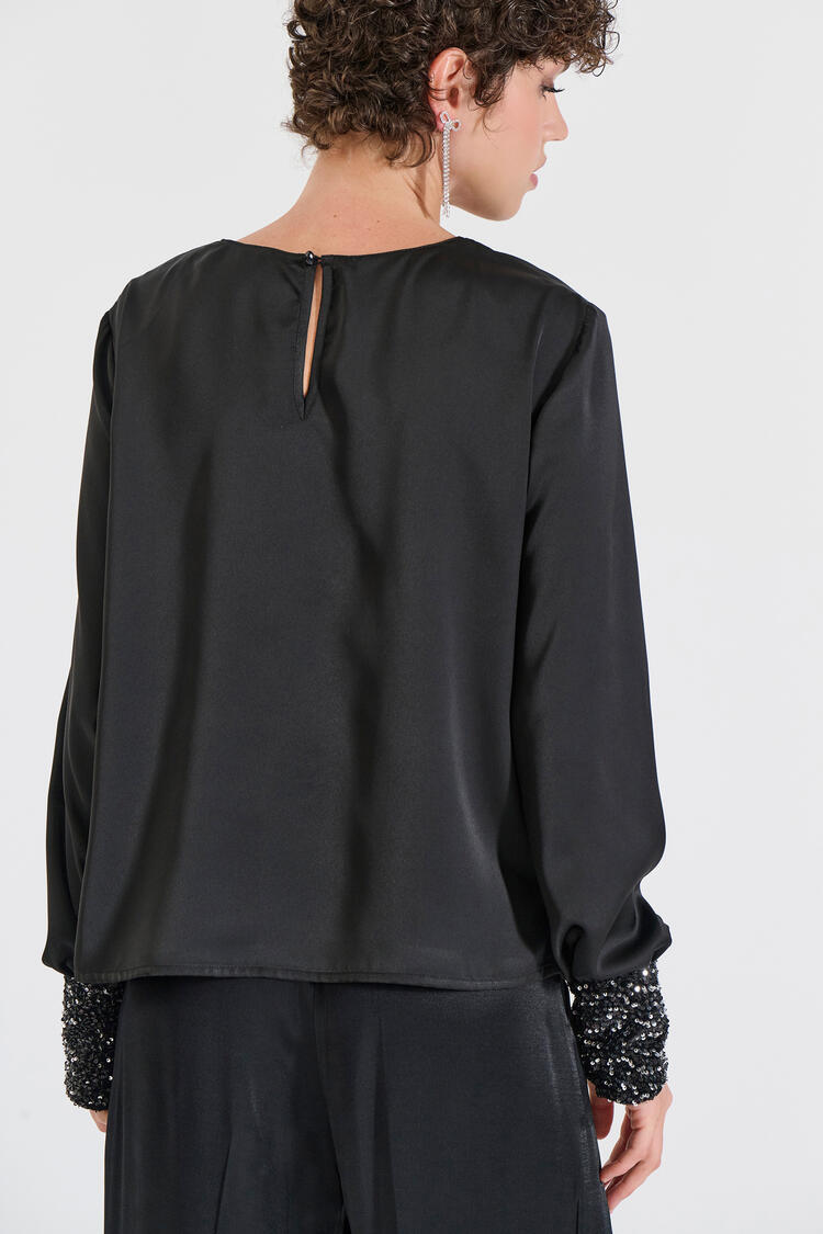Satin Blouse with Embellished Cuffs - Black L