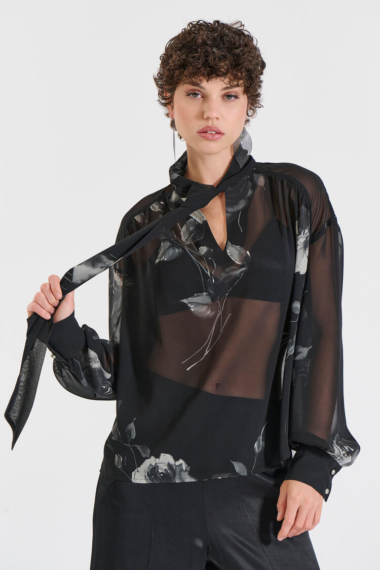 Blouse with Neck Tie - Black S