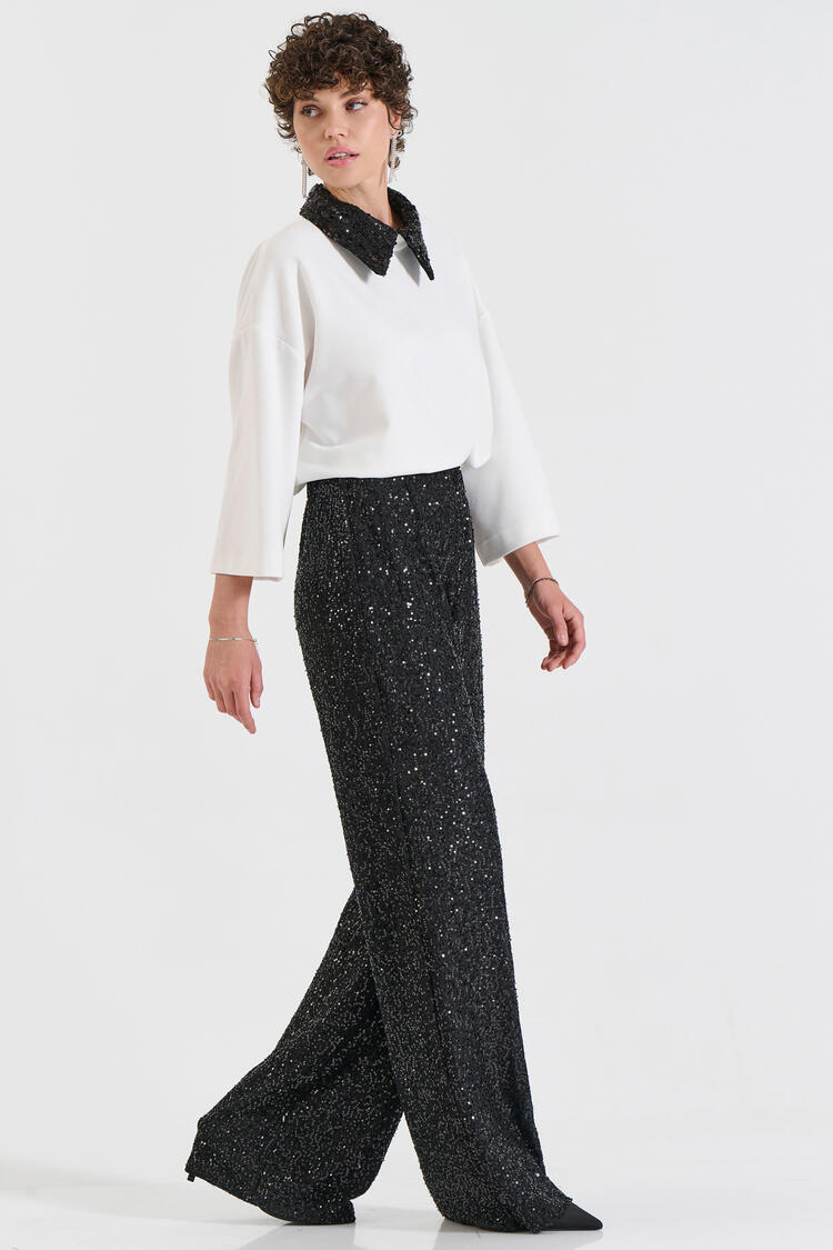 Sequin Wide-Leg Pants - Black S