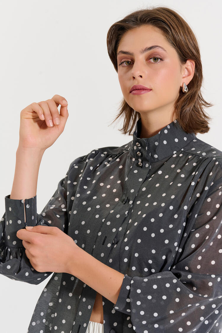 Polka-Dot Blouse with Stand Collar - Black M/L