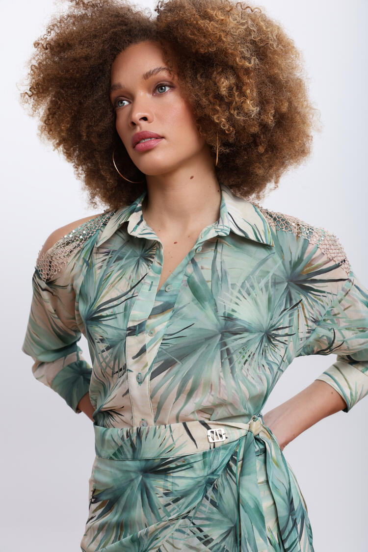 Tropical Print Shirt with Open Shoulder Detail ΕΖΖΕΑ - GREEN S/M
