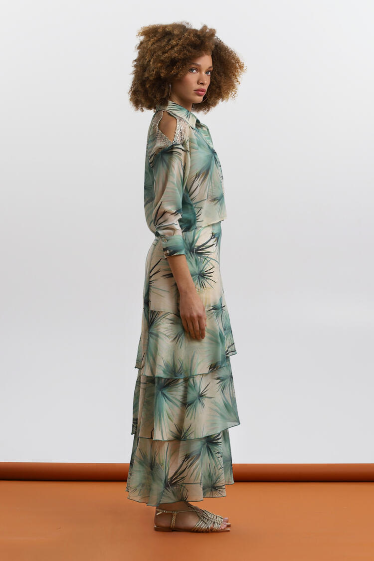 Tropical Print Shirt with Open Shoulder Detail ΕΖΖΕΑ - GREEN S/M