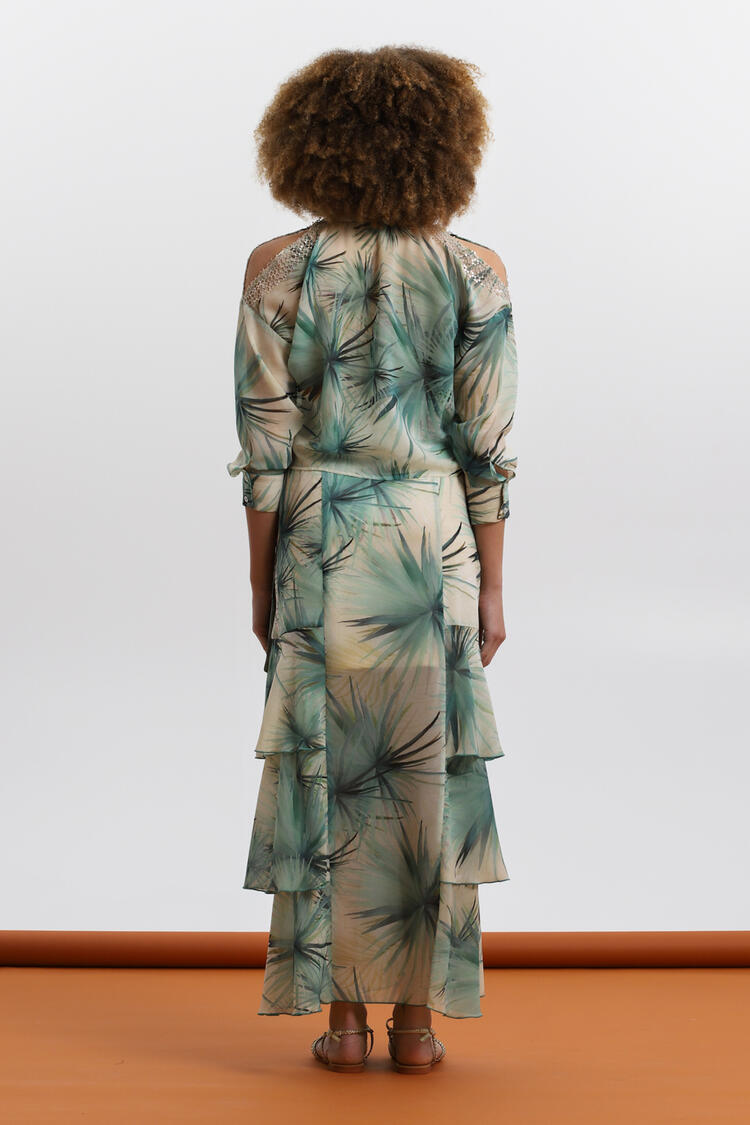 Tropical Print Shirt with Open Shoulder Detail ΕΖΖΕΑ - GREEN S/M