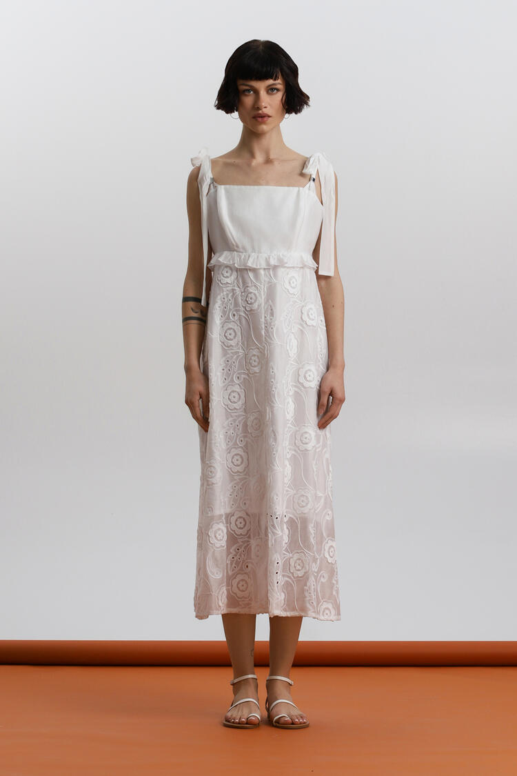 Maxi dress with broderie anglaise and tie straps ΕΖΖΕΑ - White S