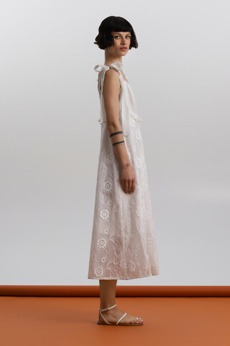 Maxi dress with broderie anglaise and tie straps ΕΖΖΕΑ - White S