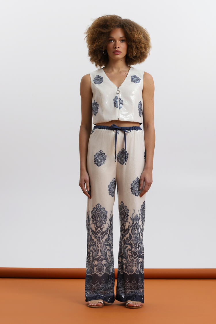 Embroidered wide-leg trousers with fluid texture ΕΖΖΕΑ - Blue S