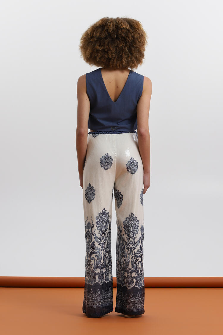 Embroidered wide-leg trousers with fluid texture ΕΖΖΕΑ - Blue S