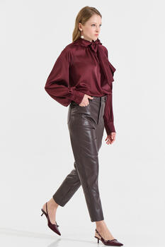 Five-Pocket Faux Leather Pants - Brown XL