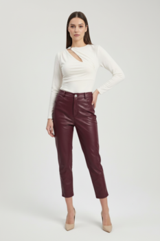 Straight-Leg Faux Leather Trousers - Burgundy M