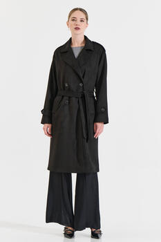 Suede-Texture Trench Coat - Black M